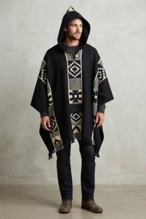 Maxi Ruana En Lana Alpaca Con Diseño Azteca