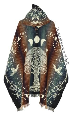 Maxiruana Poncho Lana Alpaca Con Capota De Árbol De La Vida
